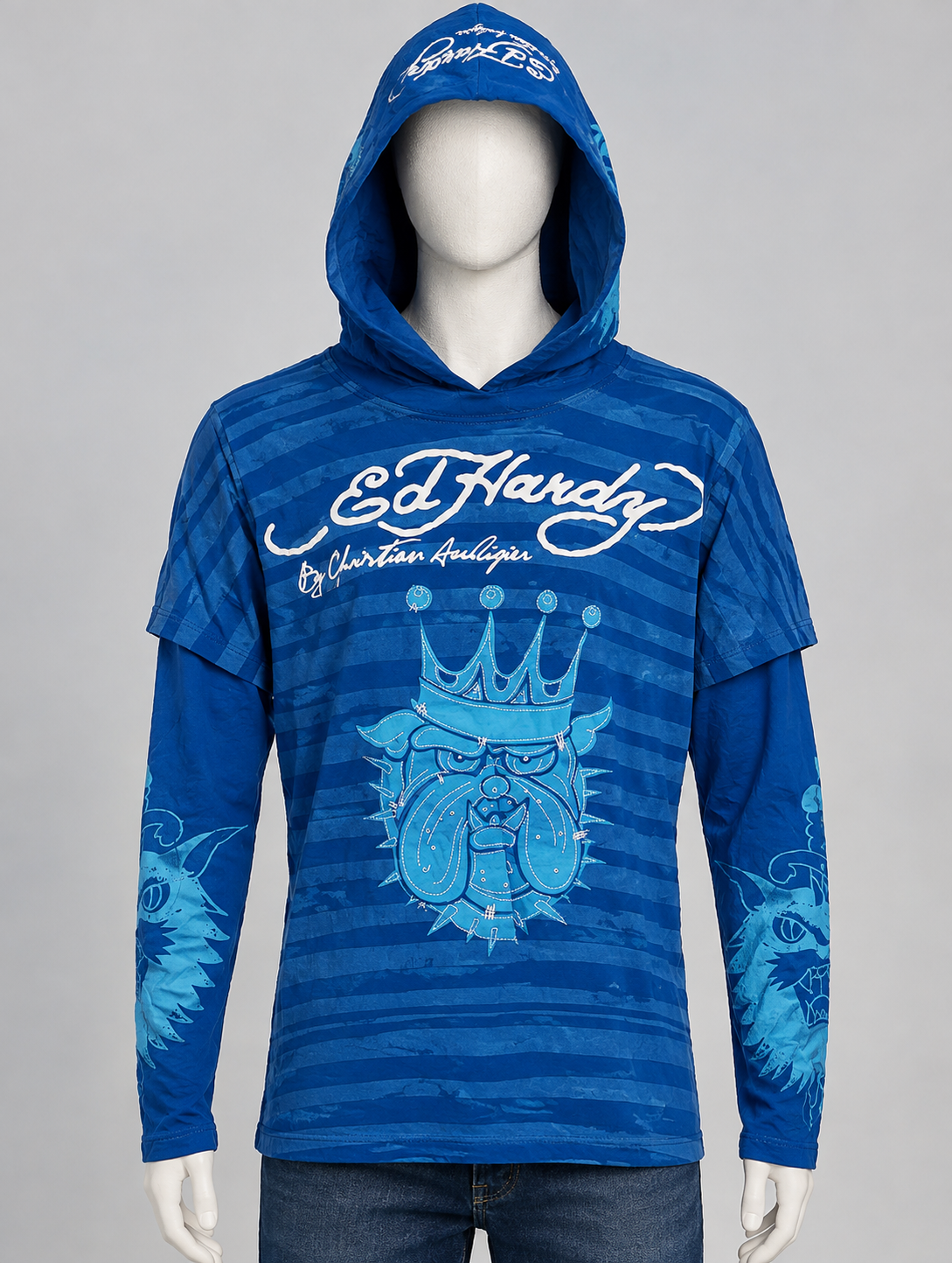 Ed Hardy by Christian Audigier - Pull rayé bleu bulldog king
