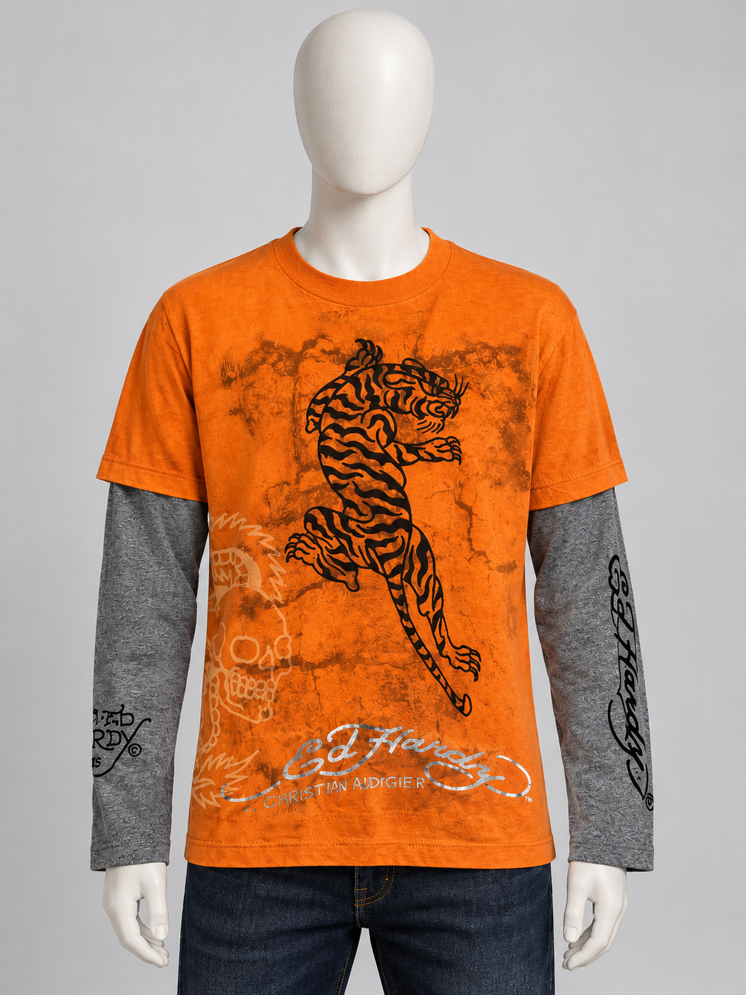 Ed Hardy Kids Boys - Pull orange tigre & bulldog effet superposé