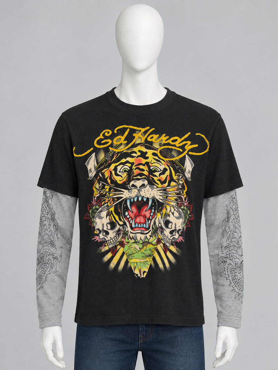 Ed Hardy Kids - Pull noir thermal tigre & crânes effet superposé