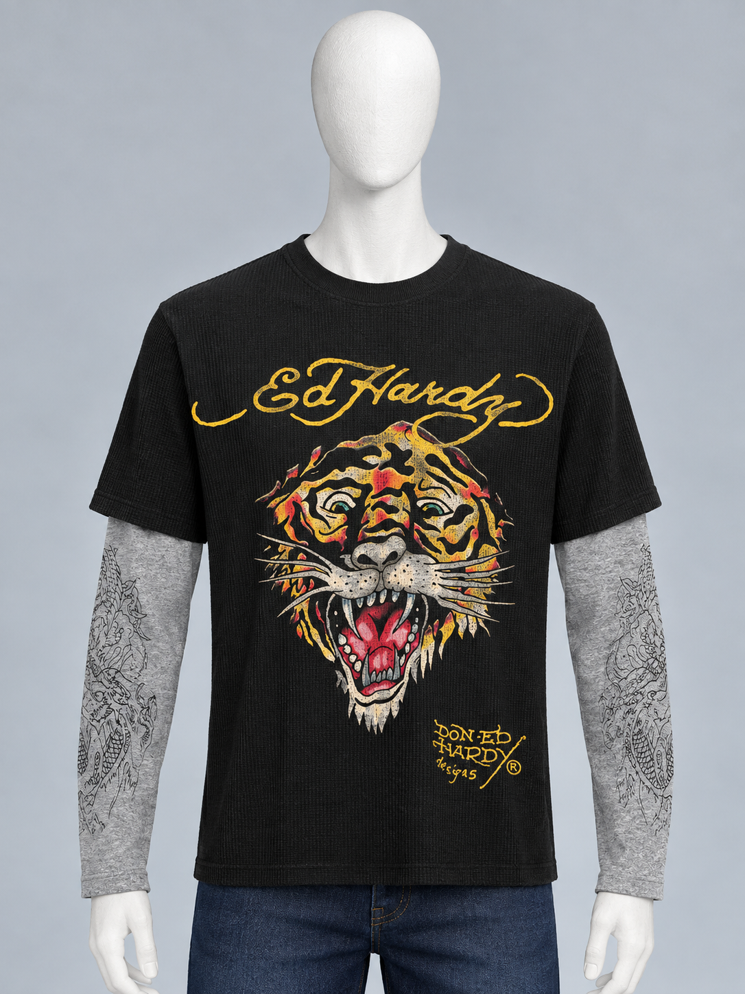 Ed Hardy Kids - Pull noir thermal tête de tigre effet superposé