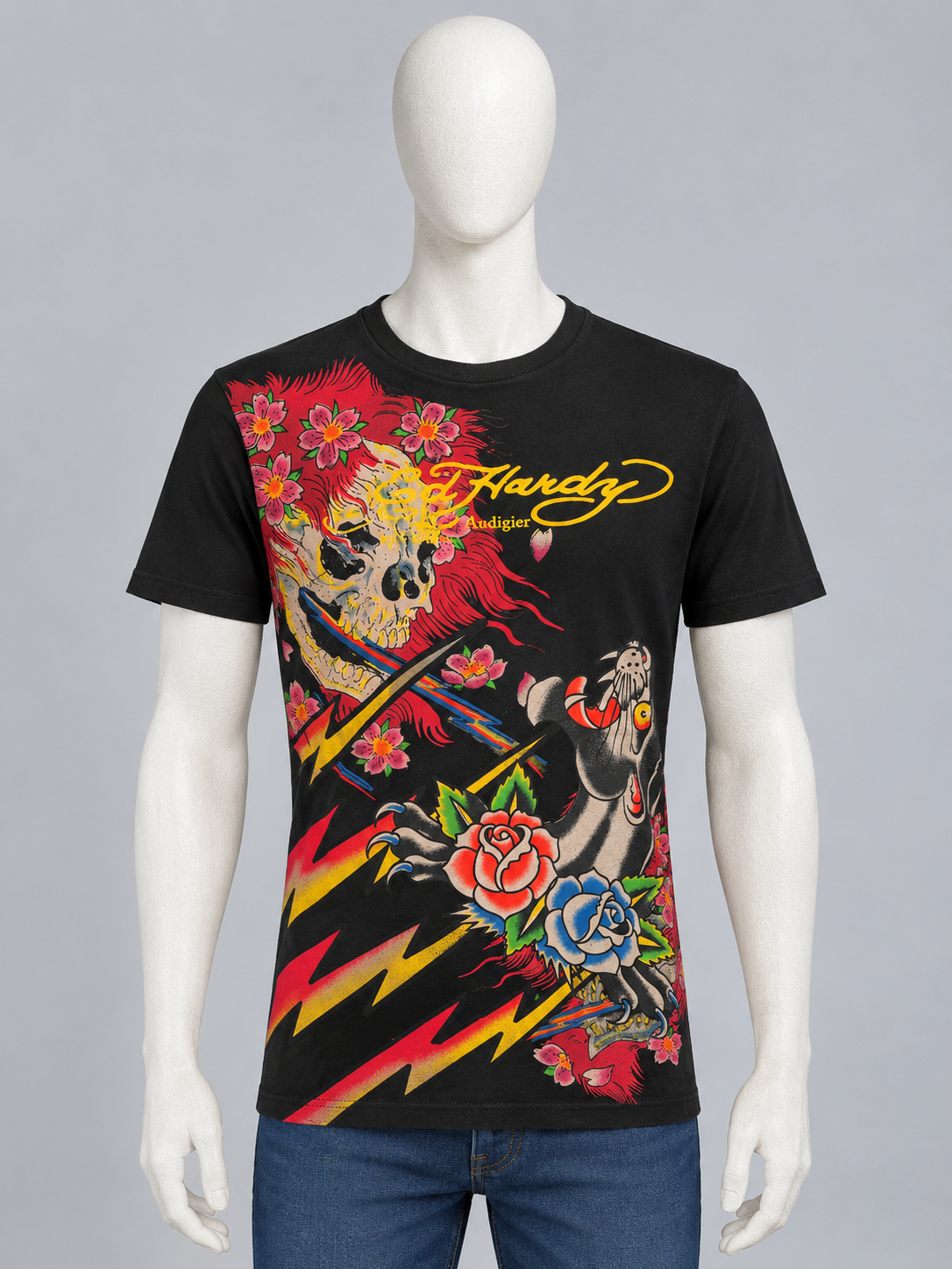Ed Hardy Kids - T-shirt noir "Panther and Roses" crânes fleuris & éclairs